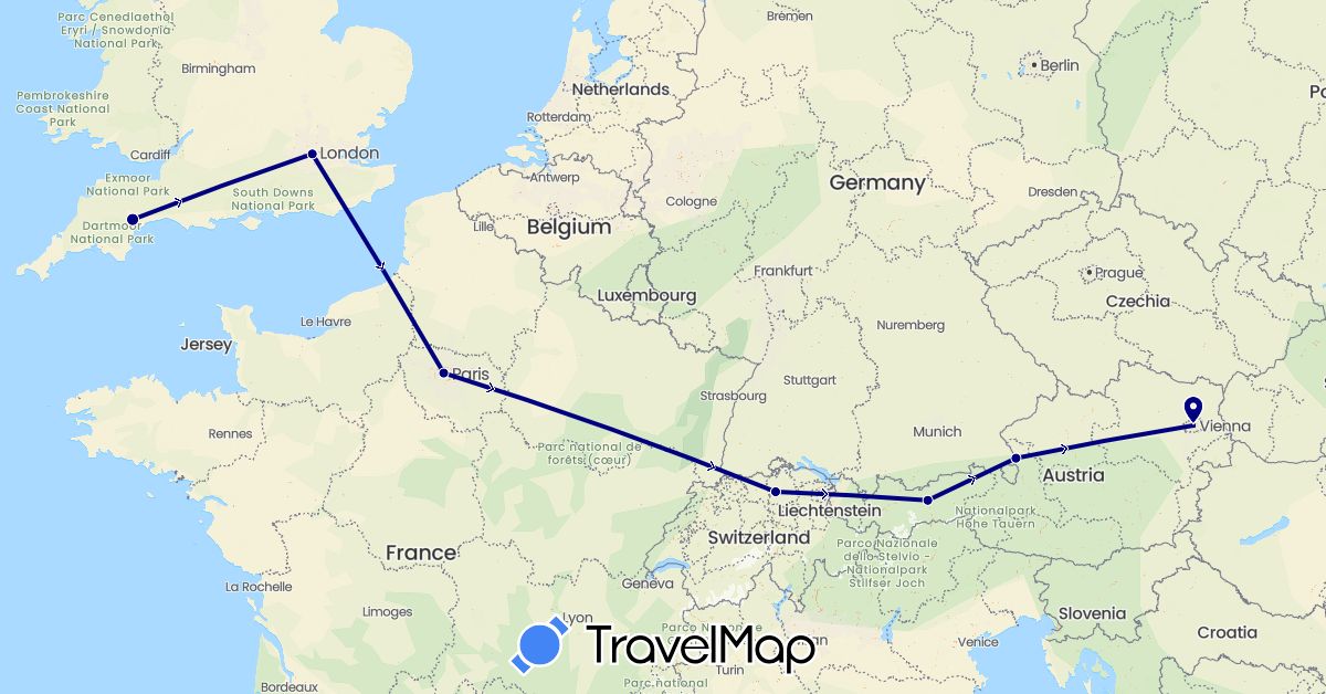 TravelMap itinerary: driving in Austria, Switzerland, France, United Kingdom (Europe)